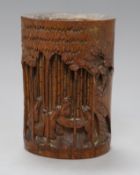 A Chinese carved bamboo brush pot height 17cm