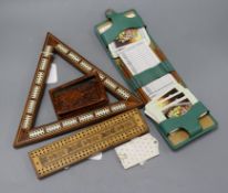 Miscellaneous items, including a 19th century triangular inlaid cribbage board, a Tunbridge Ware