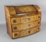 A late 18th century North Italian walnut and fruitwood bureau, with marquetry inlaid slope decorated