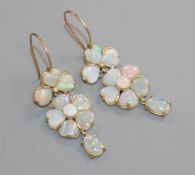 A pair of yellow metal and white opal cluster drop earrings, stamped 9ct, 29mm.