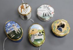 Five Halcyon Days Glyndebourne enamelled boxes, including three musical boxes, '70th Anniversary