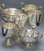 Six assorted silver trophy cups/goblets, largest 18cm, 30.5 oz.