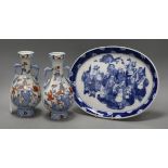 Two Imari vases and a blue and white dish