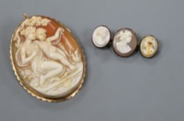 A 14k yellow metal mounted oval cameo brooch and a triple cameo set bar brooch.