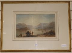 19th century English School, watercolour, Figures overlooking a lake, 24 x 41cm