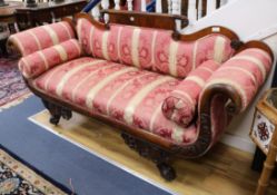 A William IV carved mahogany scroll end settee W.204cm