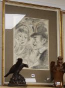 20th century German School, charcoal and chalk, Figures in a cafe, indistinctly signed and dated