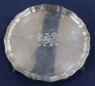 A George V silver salver with piecrust edge, crested, London 1924, 31cm, approx. 25oz.