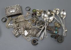 Mixed costume jewellery, silver spoons etc.