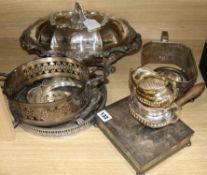 A 19th century Sheffield plate entree dish and cover and other minor plated items.