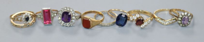 Ten assorted gem set dress rings including an 18ct gold and diamond eternity, four 9ct rings,