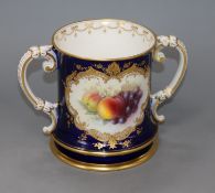 Richard Sebright for Royal Worcester. A fruit painted two handled cup height 15.5cm