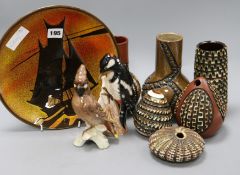 A collection of late 20th century Poole pottery vases and a dish, and two Goebels birds dish 26.