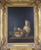 Modern 17th century style, oil on panel, Still life of fruit and ceramics on a table top,