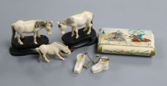 A Persian painted ivory box, three Chinese ivory horses and a pair of ivory boots, early 20th