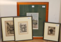 Three black and white etchings and a coloured print of 'The Town Hall, Sydney' etchings including '