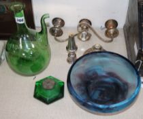 A green glass bottle, an ink bottle, a blue bowl and a plated candelabra (a.f.)