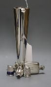 A Christofle plated bud vase on three stylised 'bird' feet, a George V silver miniature perfume