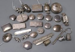 A collection of small silver, including 19 novelty pill boxes, a teether bell in the form of an