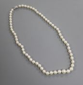 A single strand cultured pearl necklace with white metal and diamond set clasp, 49cm.