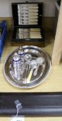 Two cased sets of silver plated fish eaters, a pair of fish servers, oval dish, condiments and
