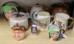 A Gray's Pottery hunting tobacco jar, four Doulton character jugs, two musical mugs, a hunting