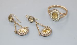 A 19th century yellow metal, citrine and seed pearl set oval ring and a pair of similar drop