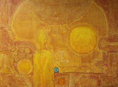 Terry Durham, acrylic and canvas collage, 'Orange Sun', signed and dated '71, 92 x 121cm