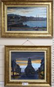 C. Sanchon, oil on canvas, Harbour scene, and another similar view of a church, 33 x 55cm and 38 x