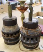 A pair of Victorian wood and wrought iron barrel shaped table lamps