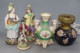 A pair of Joseph Petite figures and a vase, a lustre oil lamp base and a figure