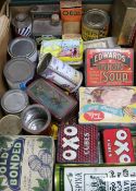 A collection of advertising tins for food and cleaning containers