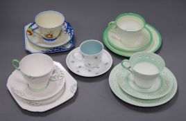 Six cups and saucers, five with matching small plates, including Doulton, Shelley and Susie Cooper