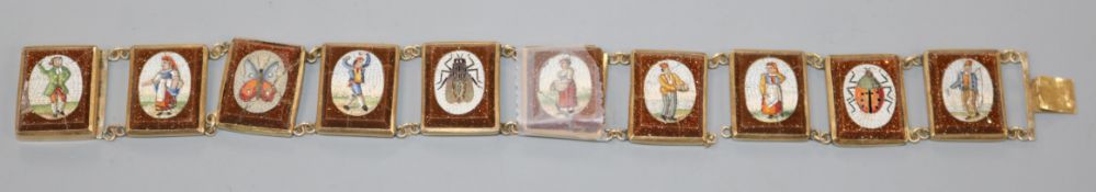 A 19th century micromosaic bracelet, set with ten panels of figures and insects (one a.f.), yellow