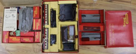 Three boxes of Triang and toy railway engines, carriages etc