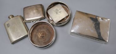 A silver cigarette box, a silver cigarette case, compact, hip flask and pair of silver bottle