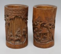 A pair of carved bamboo brush pots height 20.5cm