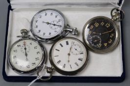 A silver open-face pocket watch, another watch with black dial and two stainless steel examples.