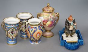 An Aynsley fruit painted vase and cover and three Noritake vases etc.