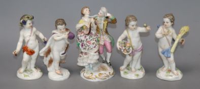 Four Meissen figures and another