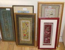 Five framed Chinese silk embroideries