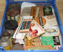 A collection of mixed advertising tins and paint and sewing etc