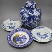 A Chinese blue and white jar and cover and various plates jar & cover 29cm overall