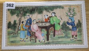 A Chinese gouache on silk painting of figures in a garden, 12 x 22cm