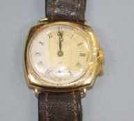 A Longines 9ct gold trench watch, having silvered Roman dial and subsidiary seconds dial