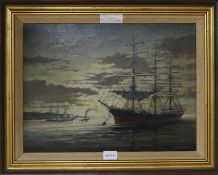 R Stokes-Smith, oil on canvas, Shipping at anchor, signed, 29 x 39cm