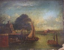 Continental School (19th century ), river landscape with boats in foreground, oil on panel, 33.5 x