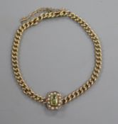 An early 20th century 9ct gold, chrysoberyl and seed pearl set curblink bracelet.
