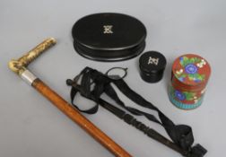 A silver mounted whip and ebony boxes