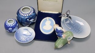 Three pieces of Copenhagen porcelain, a Wedgwood plaque and two others